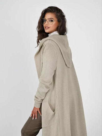 Damen Strickmantel mit Kapuze und seitlichen Taschen Heidi-Mode
