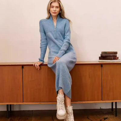 Damen Strickdress mit hochschließendem Kragen und Reißverschluss Heidi-Mode