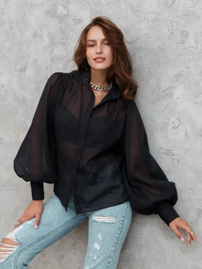 Damen Elegante Bluse mit voluminösen Puffärmeln und transparentem Stoff Heidi-Mode