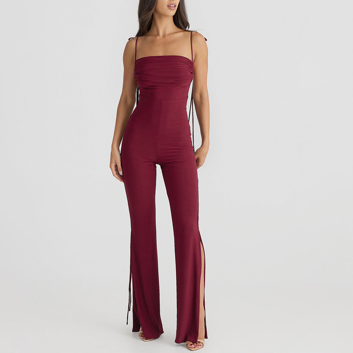 Damen eleganter Jumpsuit mit schulterfreiem Design und Seitenschlitzen Heidi-Mode