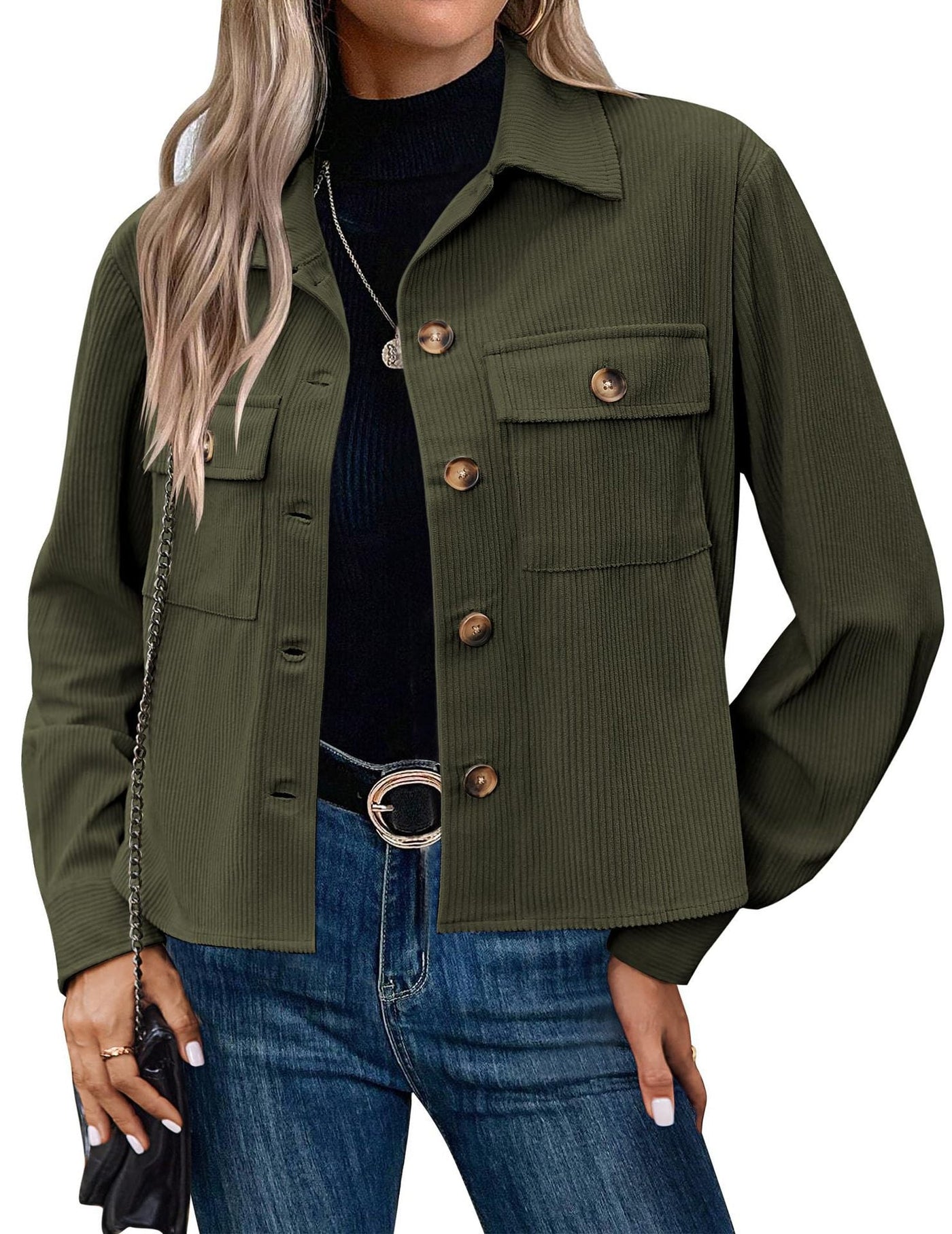 Damen lässige Utility-Jacke mit Knopfverschluss und praktischen Brusttaschen Heidi-Mode