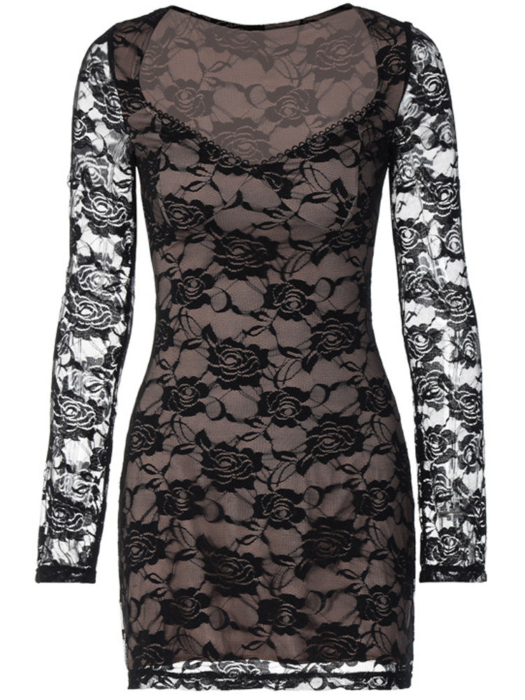 Damen Spitzenkleid mit tiefem V-Ausschnitt und langem Arm Heidi-Mode