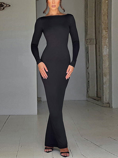 Damen elegantes Maxikleid mit raffiniertem Rundhalsausschnitt und langem Arm Heidi-Mode