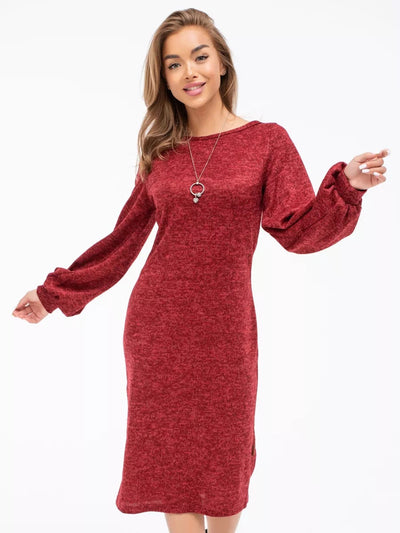 Damen Midi-Strickkleid mit auffälligen Puffärmeln und elegantem Schnitt Heidi-Mode