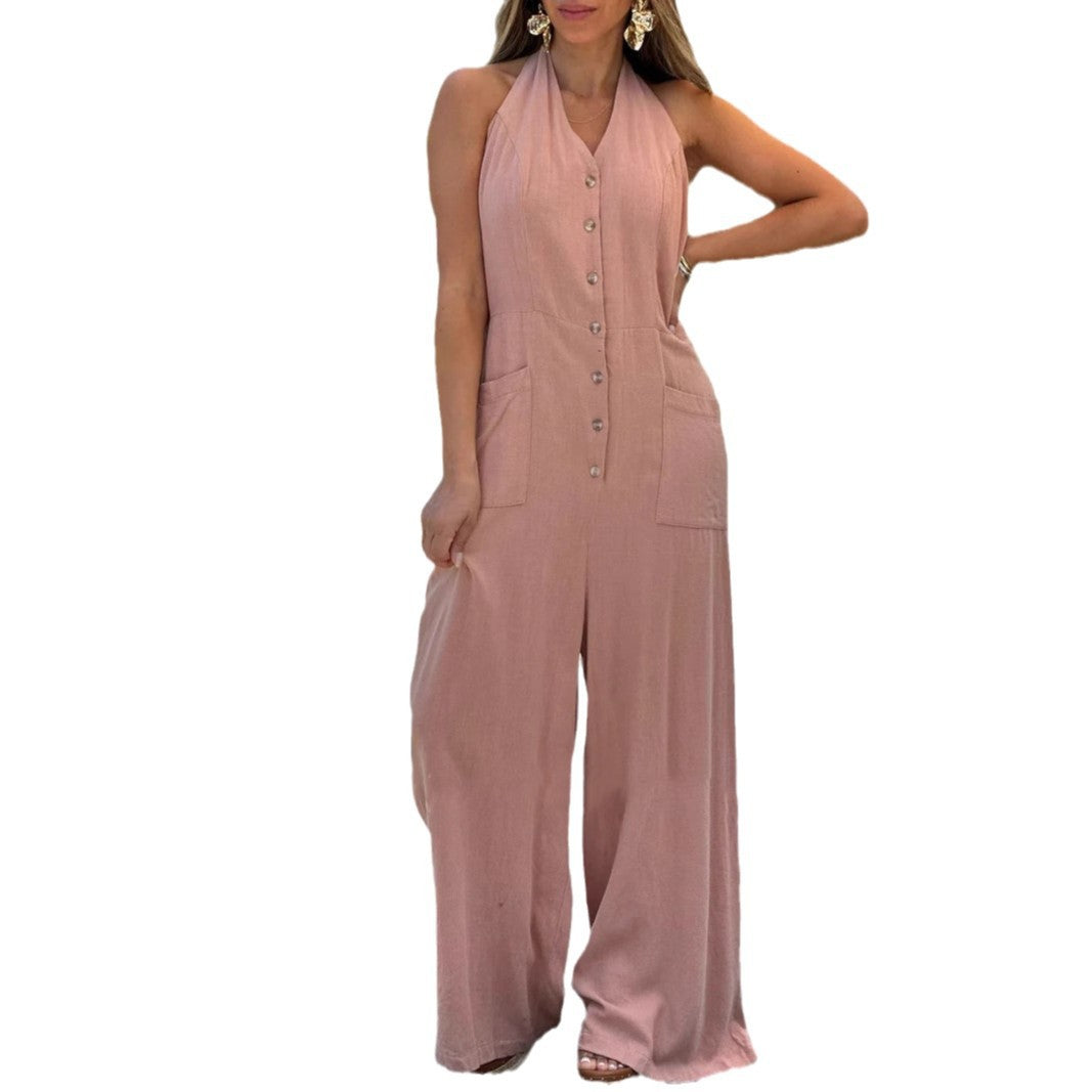 Damen Halter-Jumpsuit mit praktischen Taschen und Knopfverschluss Heidi-Mode