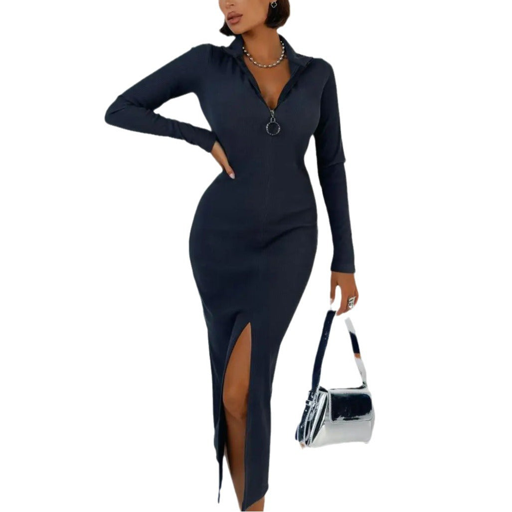 Damen figurbetontes Maxikleid mit tiefem V-Ausschnitt und luxuriösem Zipper-Detail Heidi-Mode