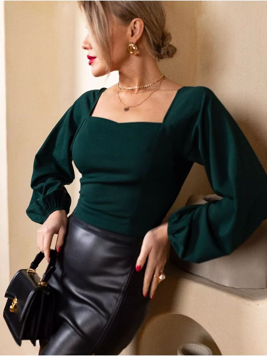 Damen cropped Bluse mit quadratischem Ausschnitt und voluminösen Ärmeln Heidi-Mode