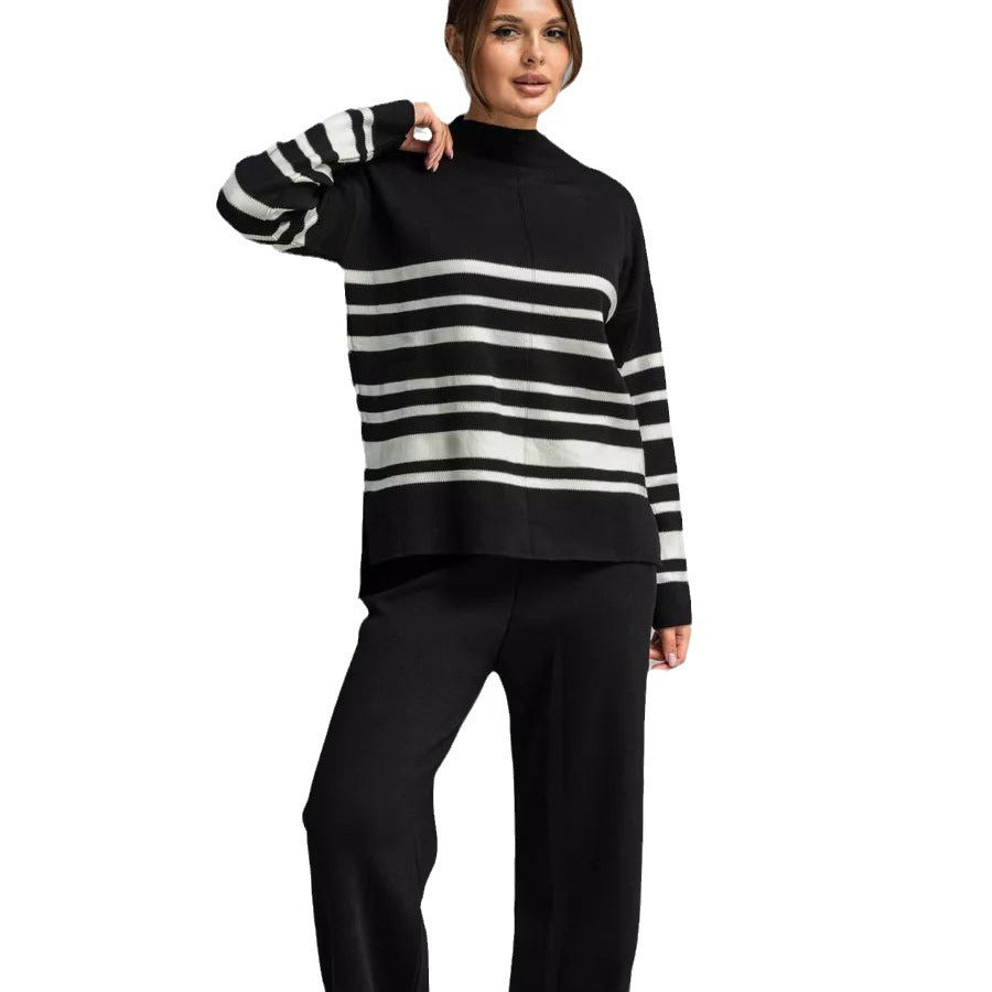 Damen lässiges Strickanzug mit stylischem Streifenmuster und hohem Kragen Heidi-Mode