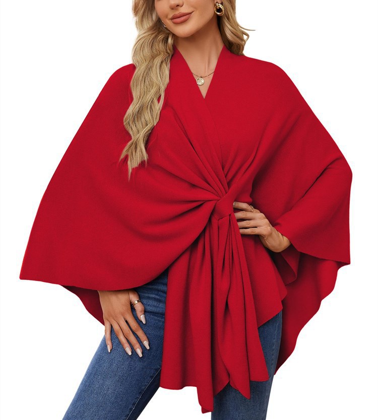 Damen eleganter Strickponcho mit raffinierten Drapierungen und Taillengürtel Heidi-Mode