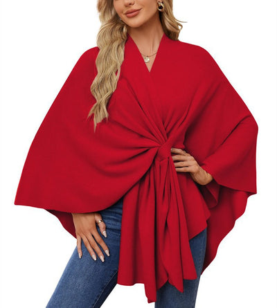 Damen eleganter Strickponcho mit raffinierten Drapierungen und Taillengürtel Heidi-Mode