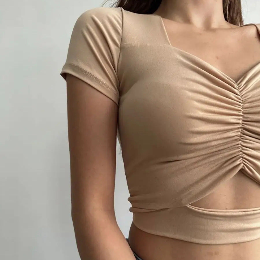 Damen figurbetontes Oberteil mit V-Ausschnitt und gerafftem Design Heidi-Mode