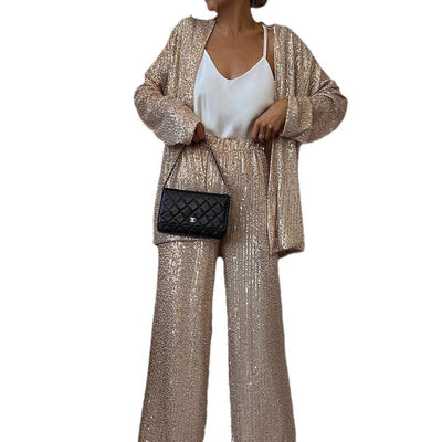 Damen Glitzerndes Lounge-Set mit weitem Schnitt und eleganter, offener Jacke Heidi-Mode