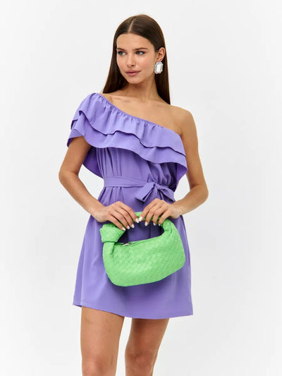 Damen Ein-Schulter Kleid mit voluminösem Rüschensaum und taillierbarem Gürtel Heidi-Mode