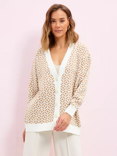 Damen stylischer Strickcardigan mit buntem Muster und lockerem Schnitt Heidi-Mode