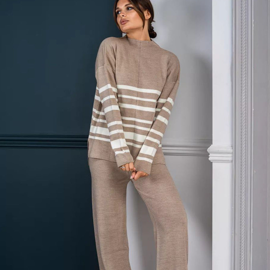 Damen lässiges Strickanzug mit stylischem Streifenmuster und hohem Kragen Heidi-Mode
