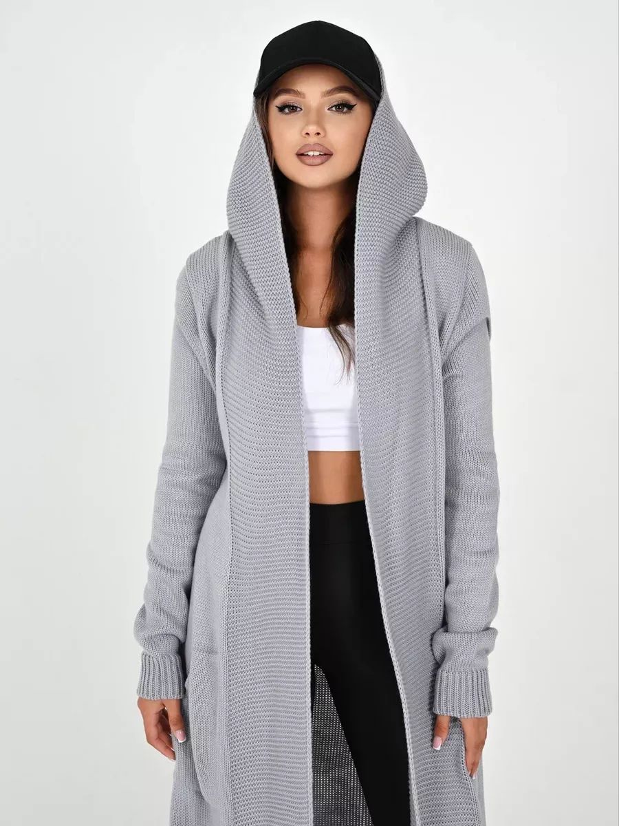 Damen Strickmantel mit Kapuze und seitlichen Taschen Heidi-Mode