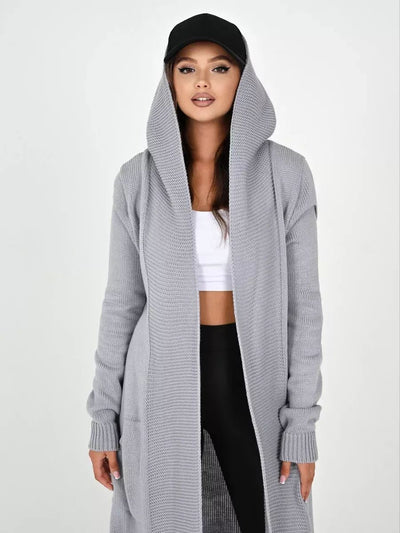 Damen Strickmantel mit Kapuze und seitlichen Taschen Heidi-Mode