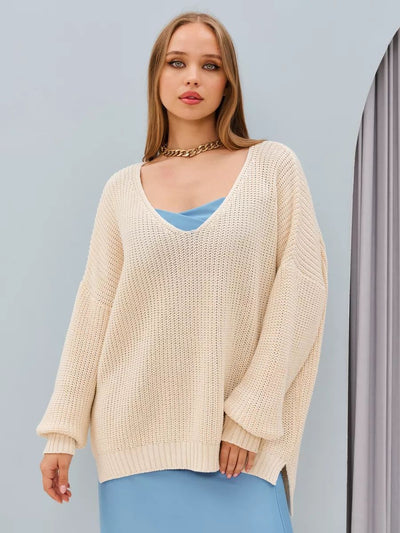 Damen Oversized Strickpullover mit asymmetrischem Ausschnitt und breiten Rippstrickdetails Heidi-Mode
