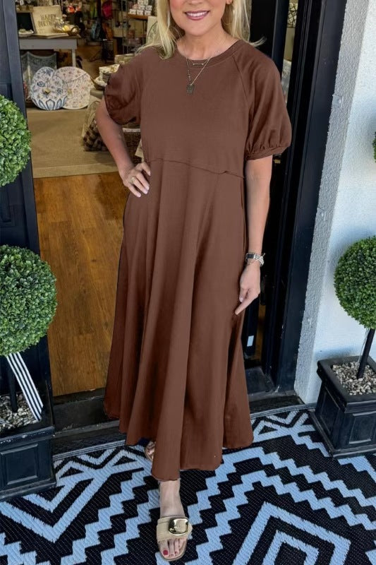 Damen Maxikleid mit schwingendem Schnitt und eleganten Puffärmeln Heidi-Mode