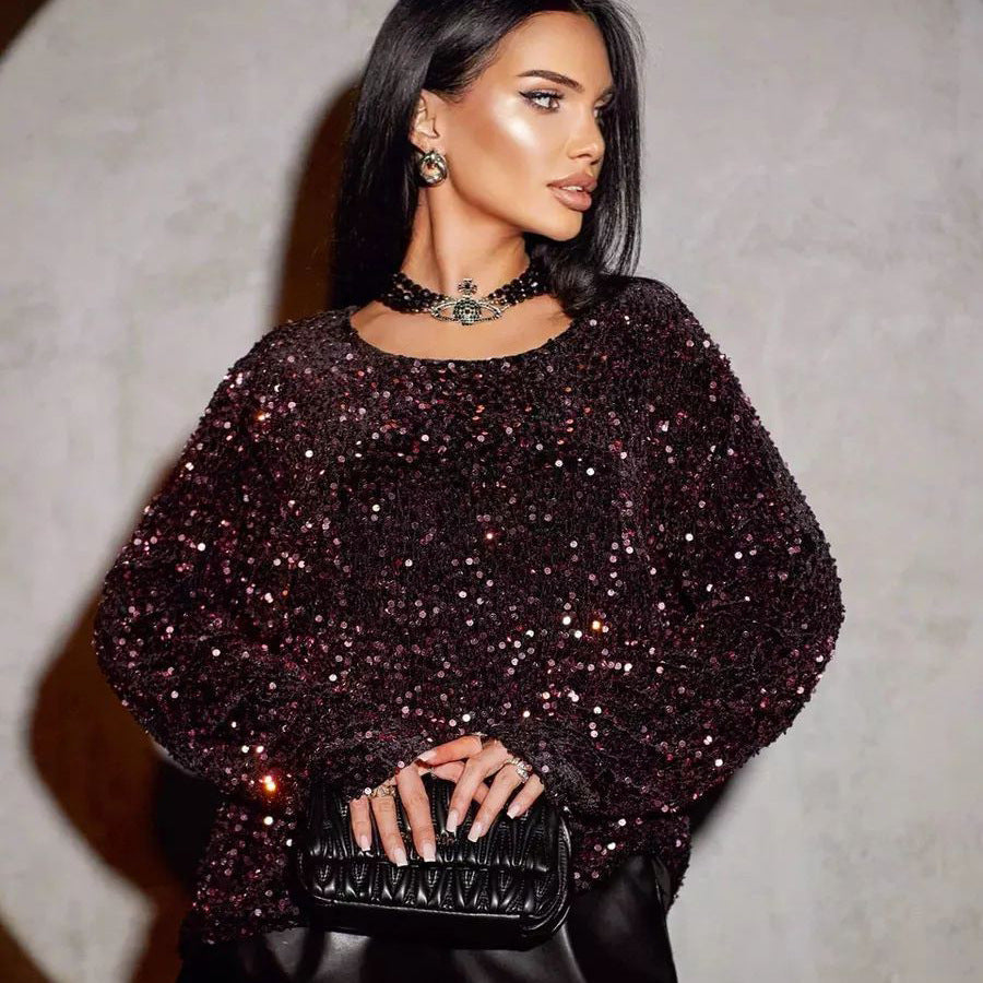 Damen Glitzerndes Oversized Oberteil mit funkelnden Pailletten Heidi-Mode