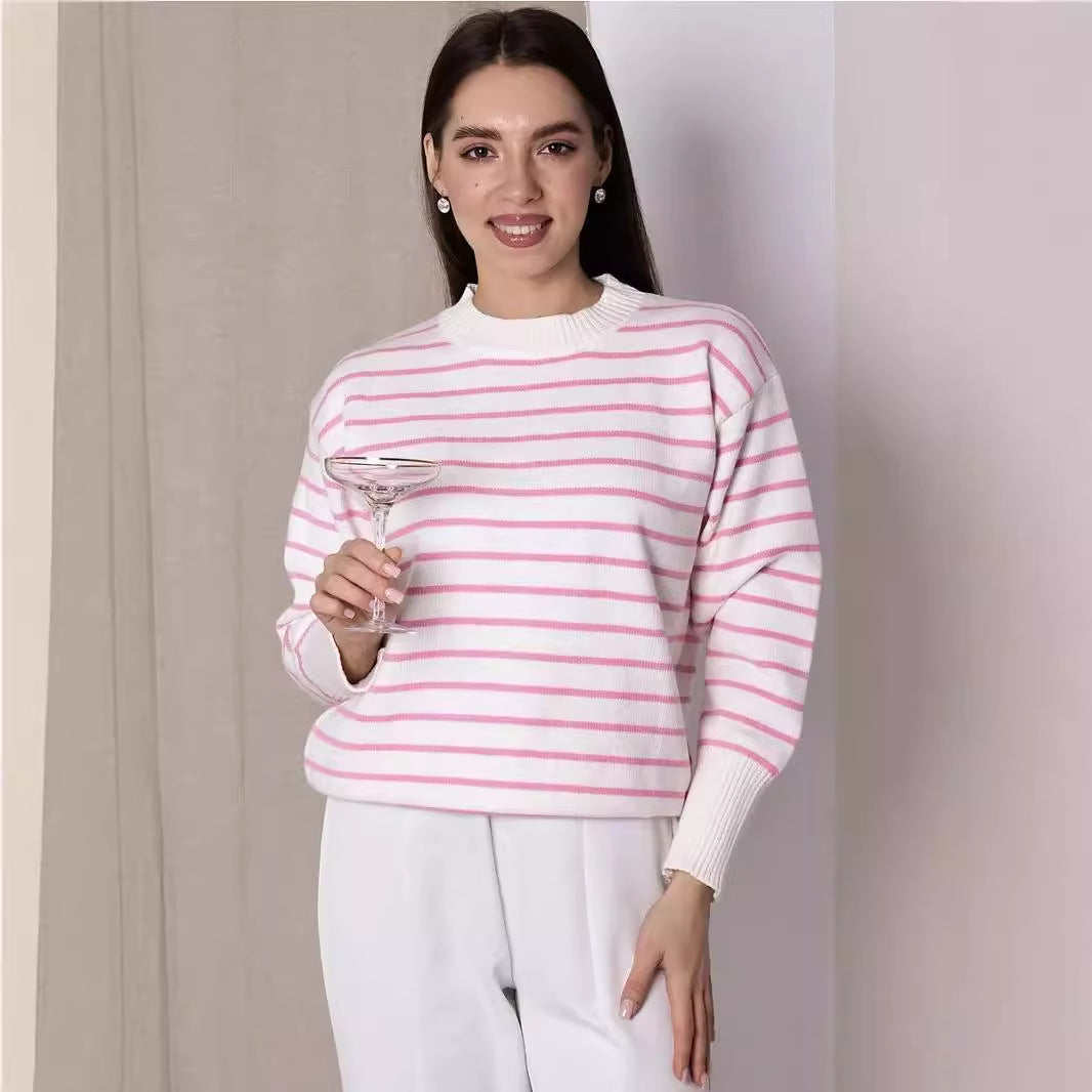 Damen lässiger Streifenpullover mit weitem Schnitt und hochgeschlossenem Rundhalsausschnitt Heidi-Mode