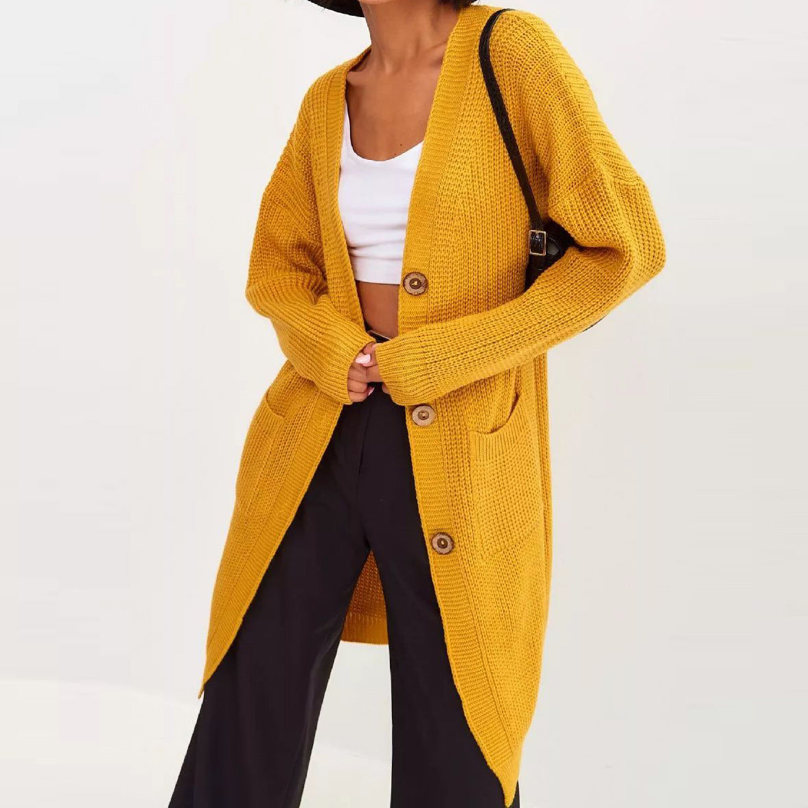 Damen lässiger Strickcardigan mit Knopfverschluss und Taschen Heidi-Mode