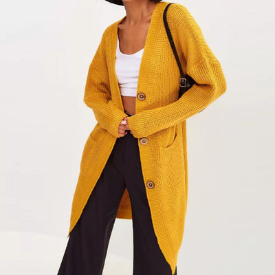 Damen lässiger Strickcardigan mit Knopfverschluss und Taschen Heidi-Mode