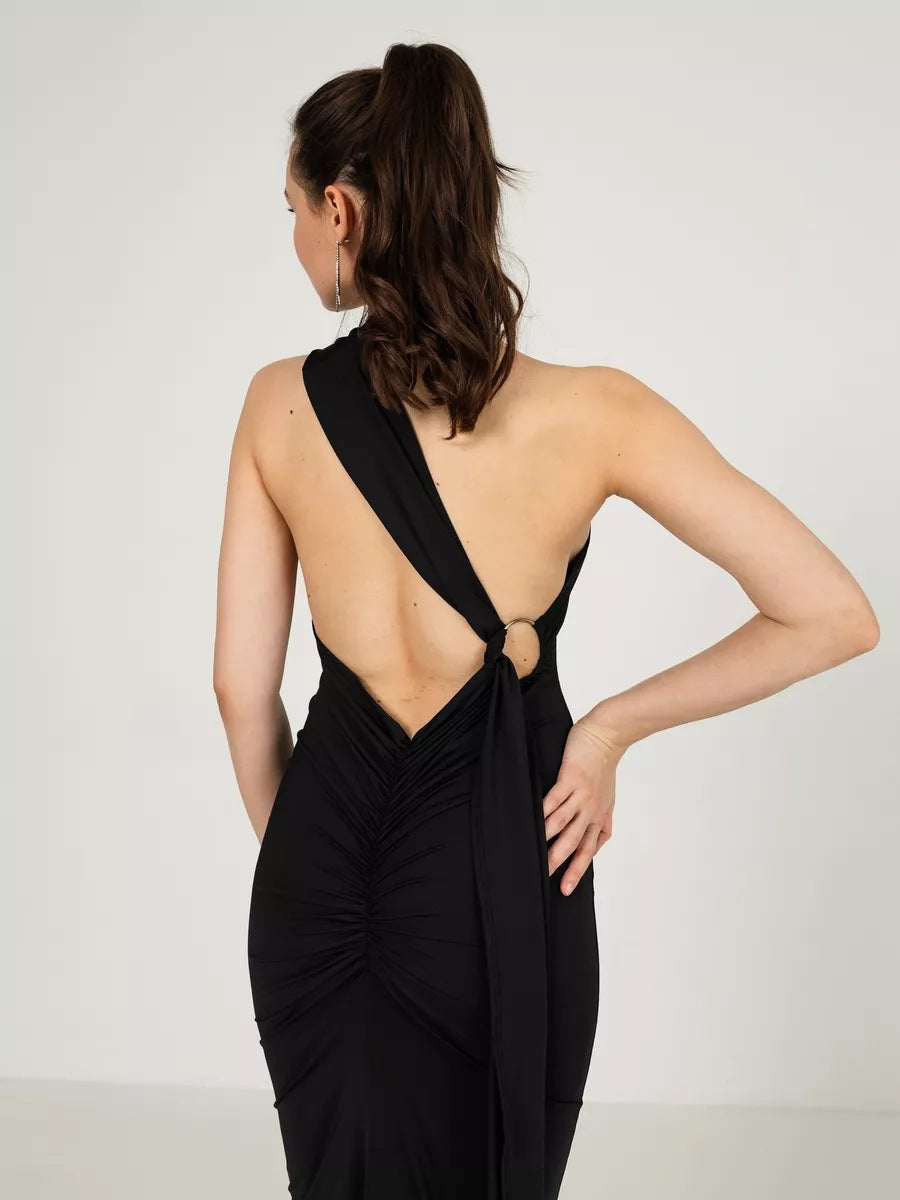 Damen Maxi-Dress mit asymmetrischem Ausschnitt und raffinierten Drapage-Details Heidi-Mode