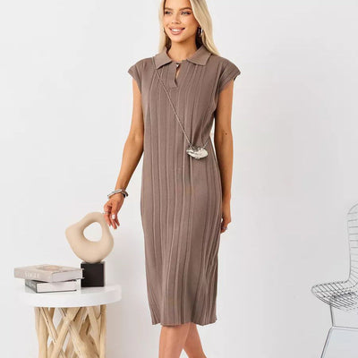 Damen Midi-Kleid mit schickem Kragen und Taillengürtel Heidi-Mode