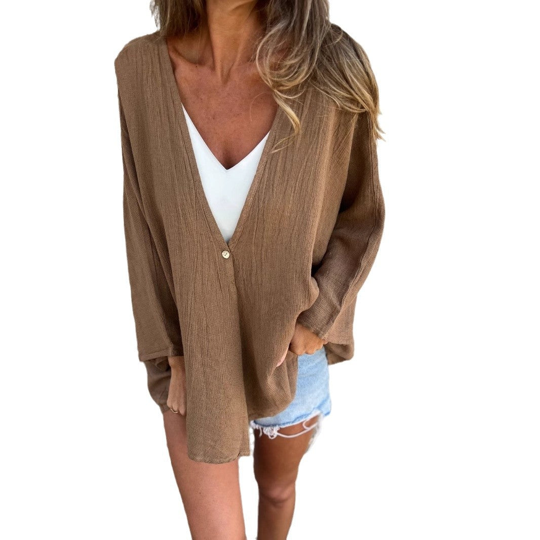 Damen lässige Freizeitjacke aus leichter Baumwolle mit knöpfbarem Ausschnitt und praktischen Taschen Heidi-Mode