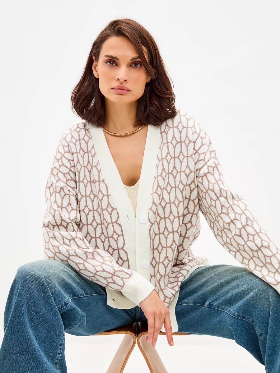 Damen Strickcardigan mit modernem geometrischen Muster und bequemer Passform Heidi-Mode