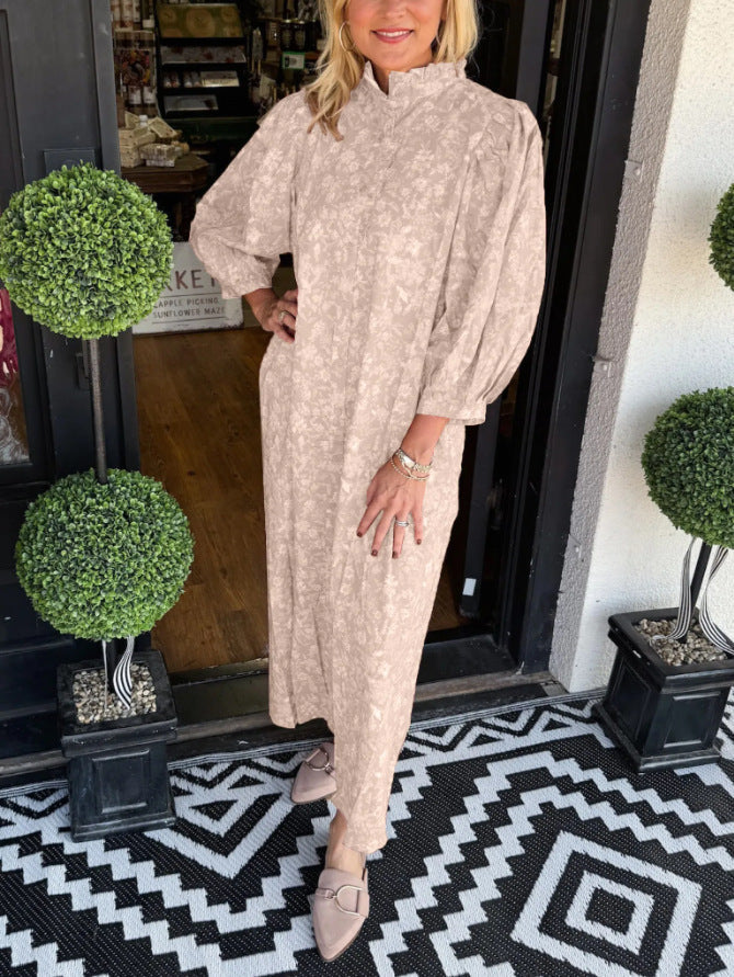 Damen Maxi-Hemdkleid mit botanischem Druck und eleganten Puffärmeln Heidi-Mode