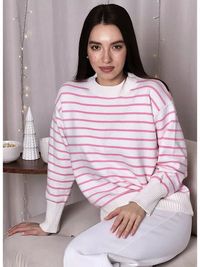 Damen lässiger Streifenpullover mit weitem Schnitt und hochgeschlossenem Rundhalsausschnitt Heidi-Mode