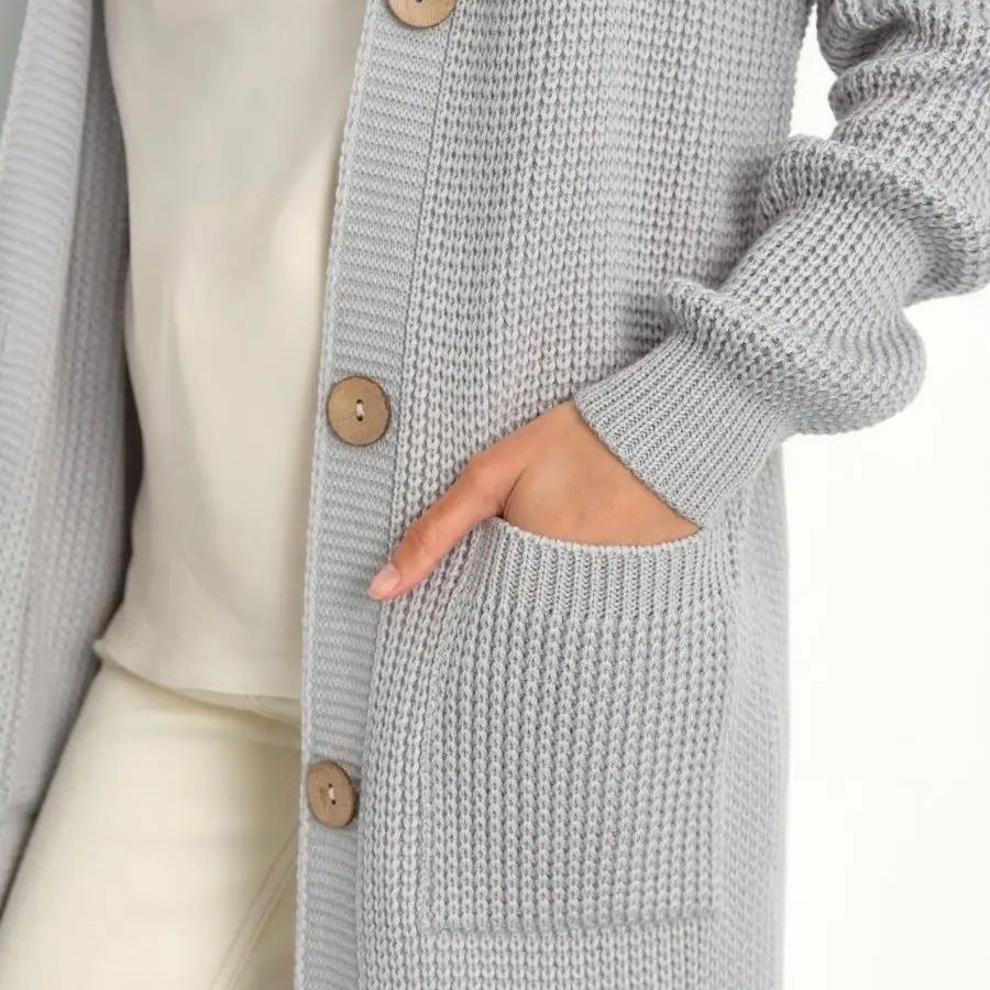 Damen lässiger Strickcardigan mit Knopfverschluss und Taschen Heidi-Mode