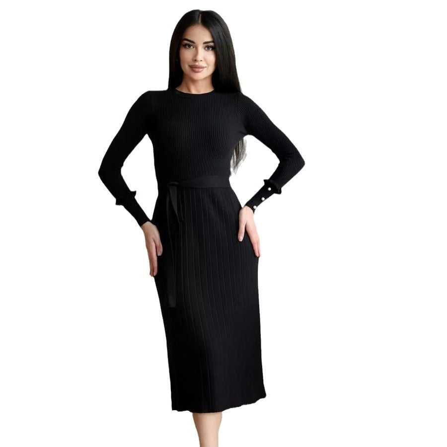 Damen Feinstrick Kleid mit elegante Rippstruktur und modischen Ärmelakzenten Heidi-Mode