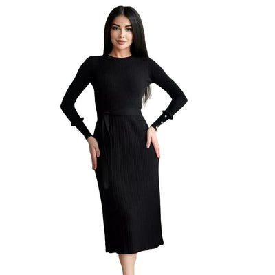 Damen Feinstrick Kleid mit elegante Rippstruktur und modischen Ärmelakzenten Heidi-Mode