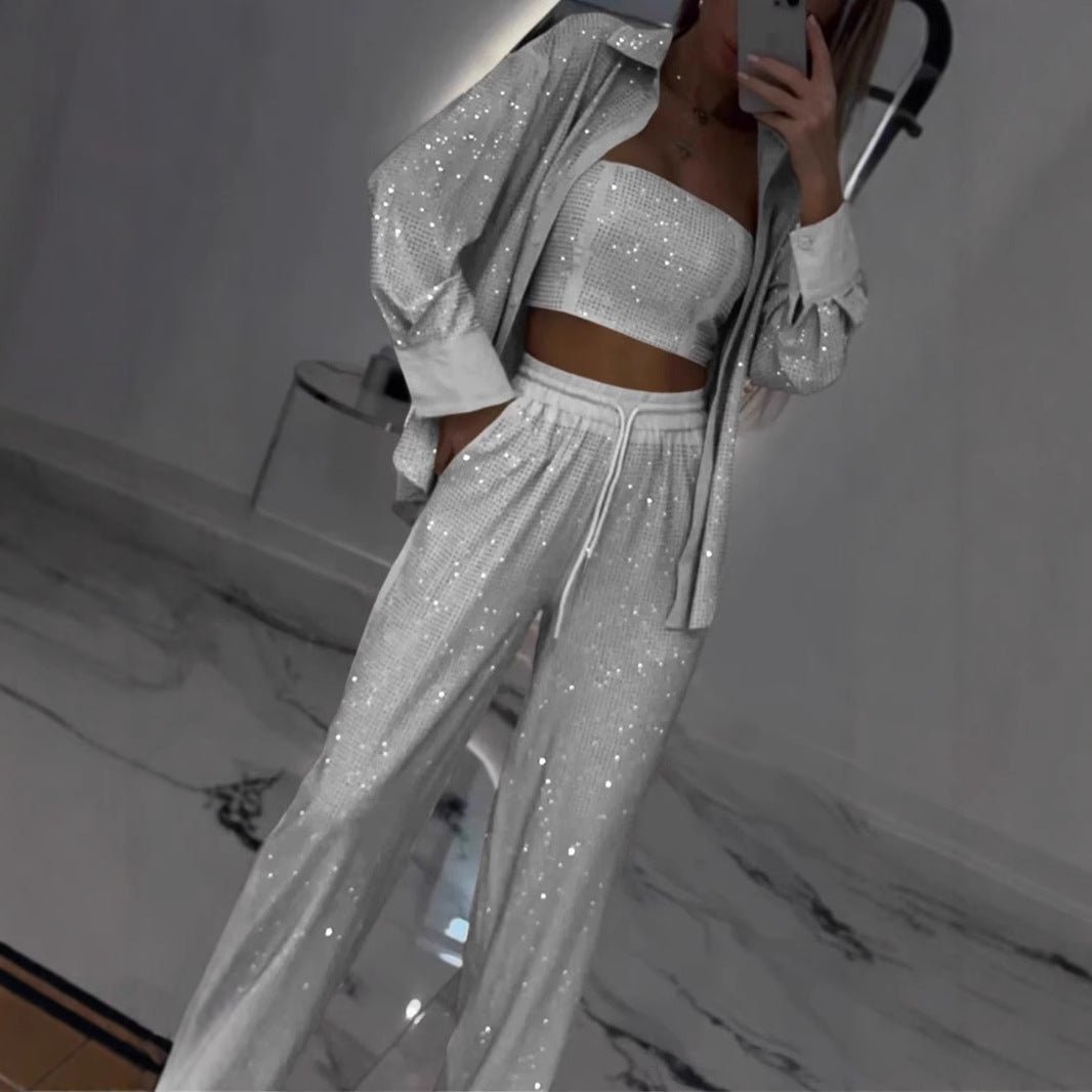 Damen Glitzerndes Lounge-Set mit modischer Jacke und komfortabler Hose Heidi-Mode