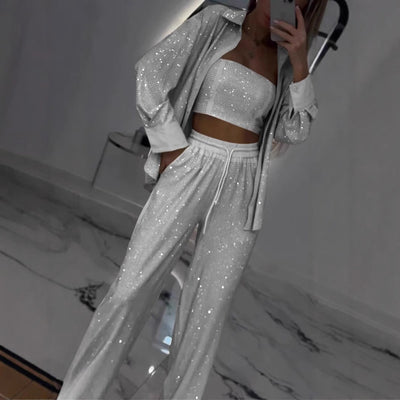 Damen Glitzerndes Lounge-Set mit modischer Jacke und komfortabler Hose Heidi-Mode