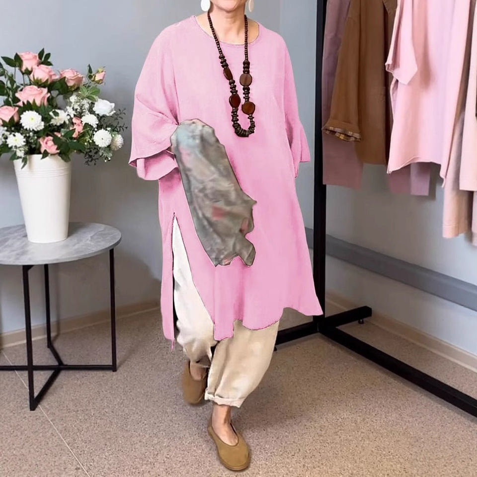 Damen lässiges Langarm-Tunika mit seitlichem Schlitz und modischem Schnitt Heidi-Mode