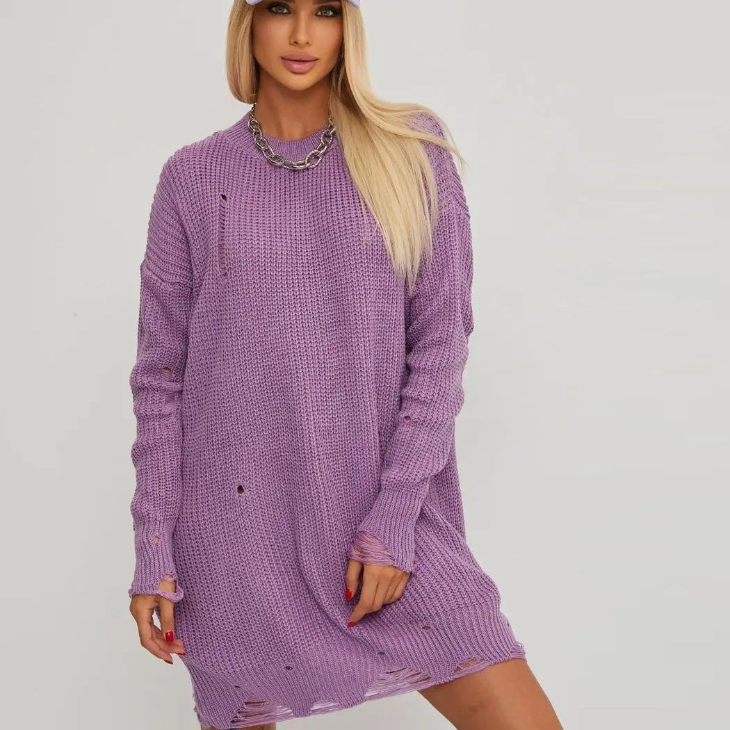 Damen lässiges Strickkleid mit weitem Schnitt und ausgefransten Säumen Heidi-Mode