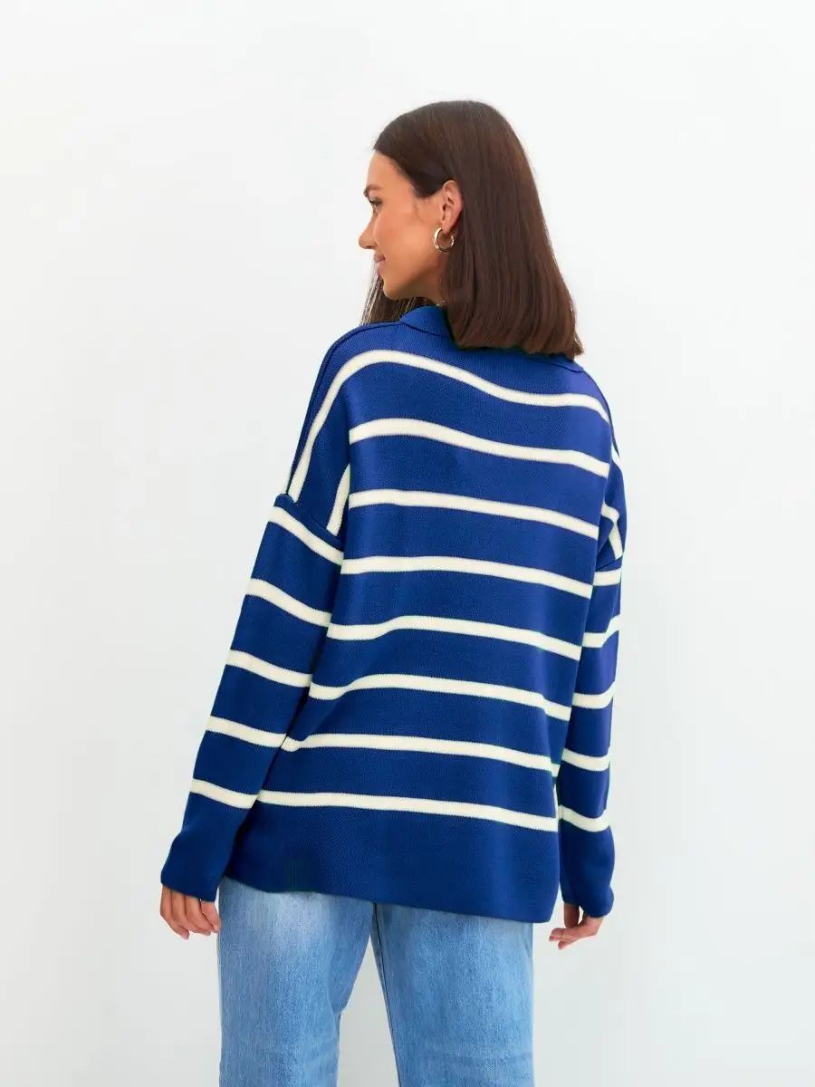Damen lässiger Strickpullover mit klassischem Polokragen und modischem Streifenmuster Heidi-Mode