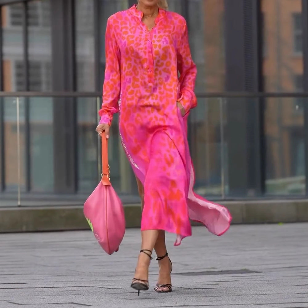 Damen Hemdblusenkleid aus leichtem Chiffon mit trendy Leopardenmuster Heidi-Mode