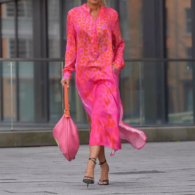 Damen Hemdblusenkleid aus leichtem Chiffon mit trendy Leopardenmuster Heidi-Mode