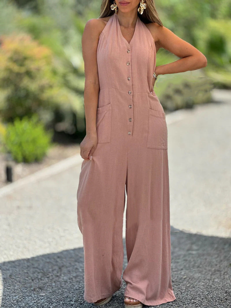Damen Halter-Jumpsuit mit praktischen Taschen und Knopfverschluss Heidi-Mode