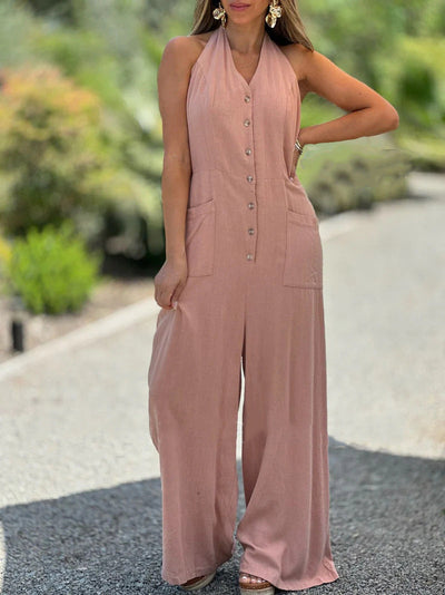 Damen Halter-Jumpsuit mit praktischen Taschen und Knopfverschluss Heidi-Mode