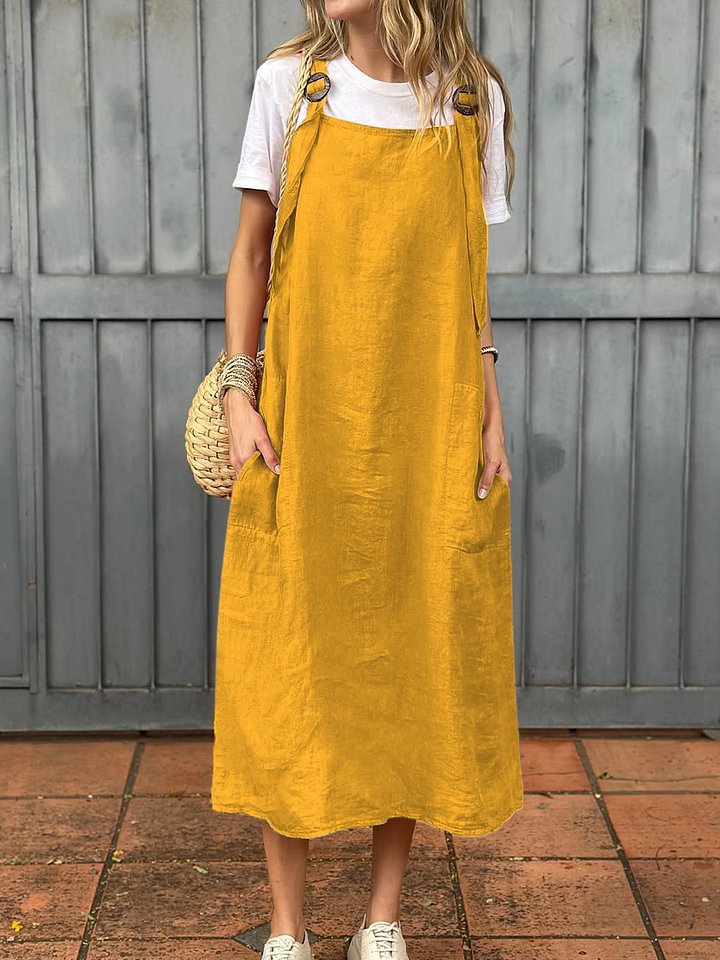 Damen Lässiges Leinenkleid mit praktischen Trägerdetails und großen Taschen Heidi-Mode