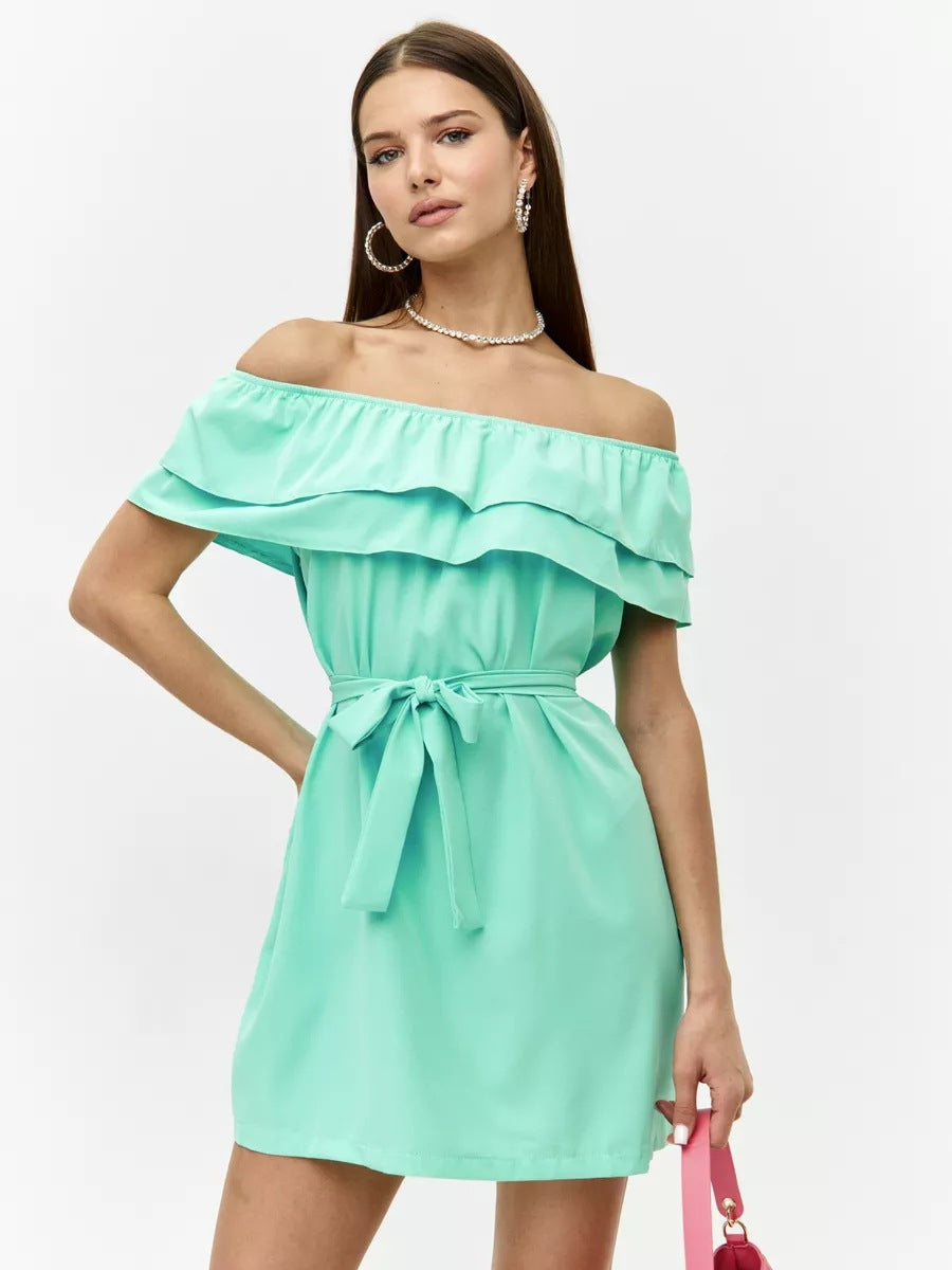 Damen Ein-Schulter Kleid mit voluminösem Rüschensaum und taillierbarem Gürtel Heidi-Mode