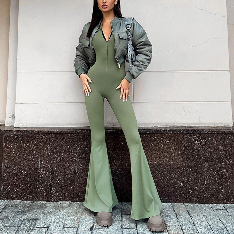 Damen bodenlanger Jumpsuit mit langem Arm und durchgehendem Reißverschluss Heidi-Mode