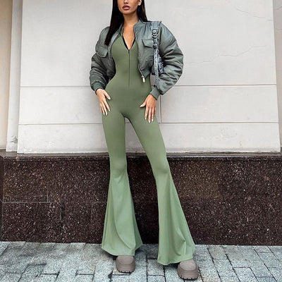 Damen bodenlanger Jumpsuit mit langem Arm und durchgehendem Reißverschluss Heidi-Mode