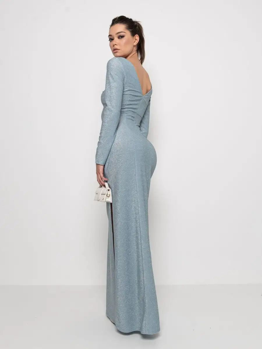 Damen Glamouröses Maxikleid mit langem Arm und eleganter Rückenansicht Heidi-Mode